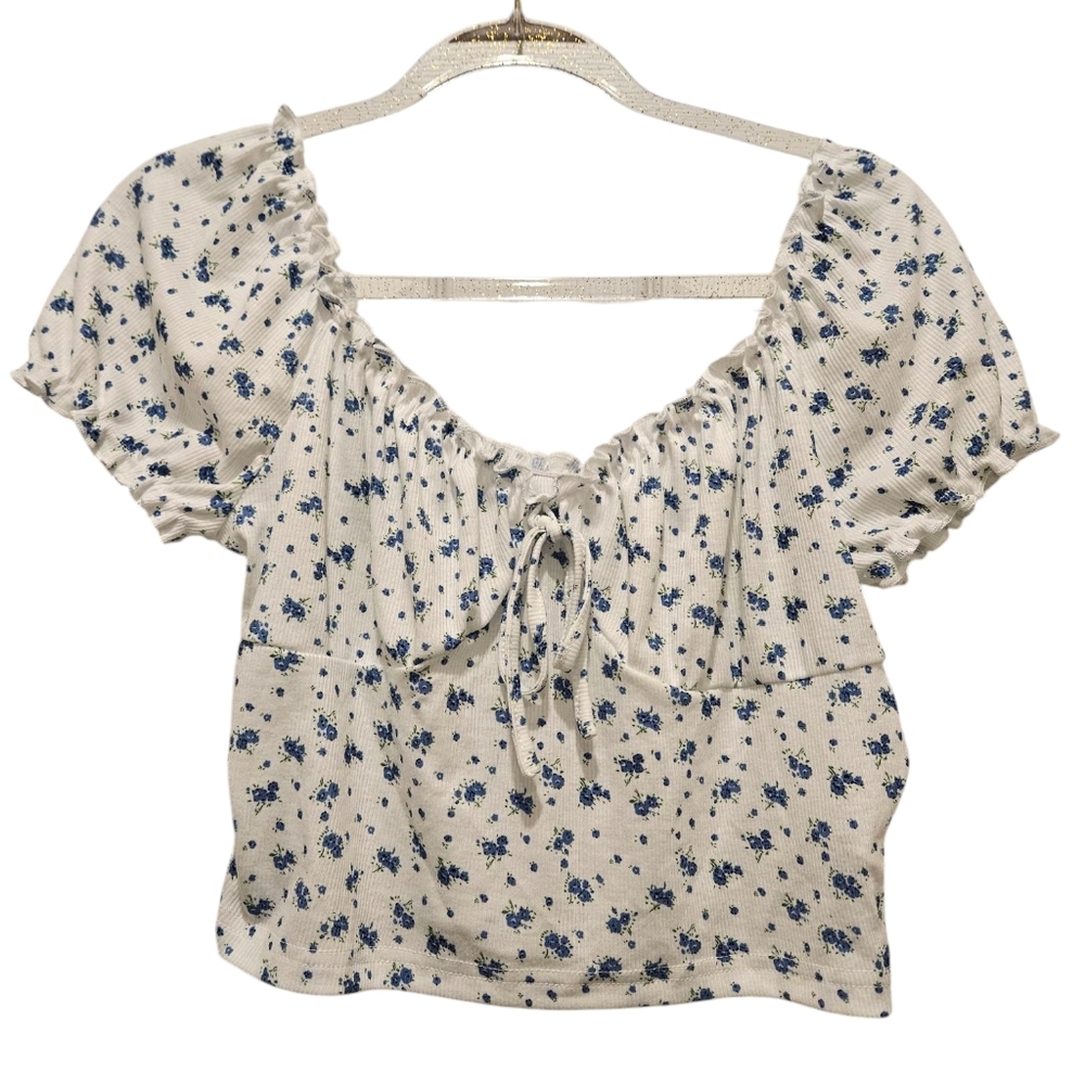 Womans Shein Blue and White Floral Off The Shoulder Cropped Top Sz L NWOT